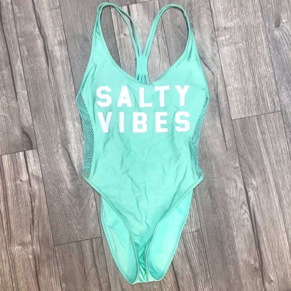(W) Teal one-piece bathing suit. S.